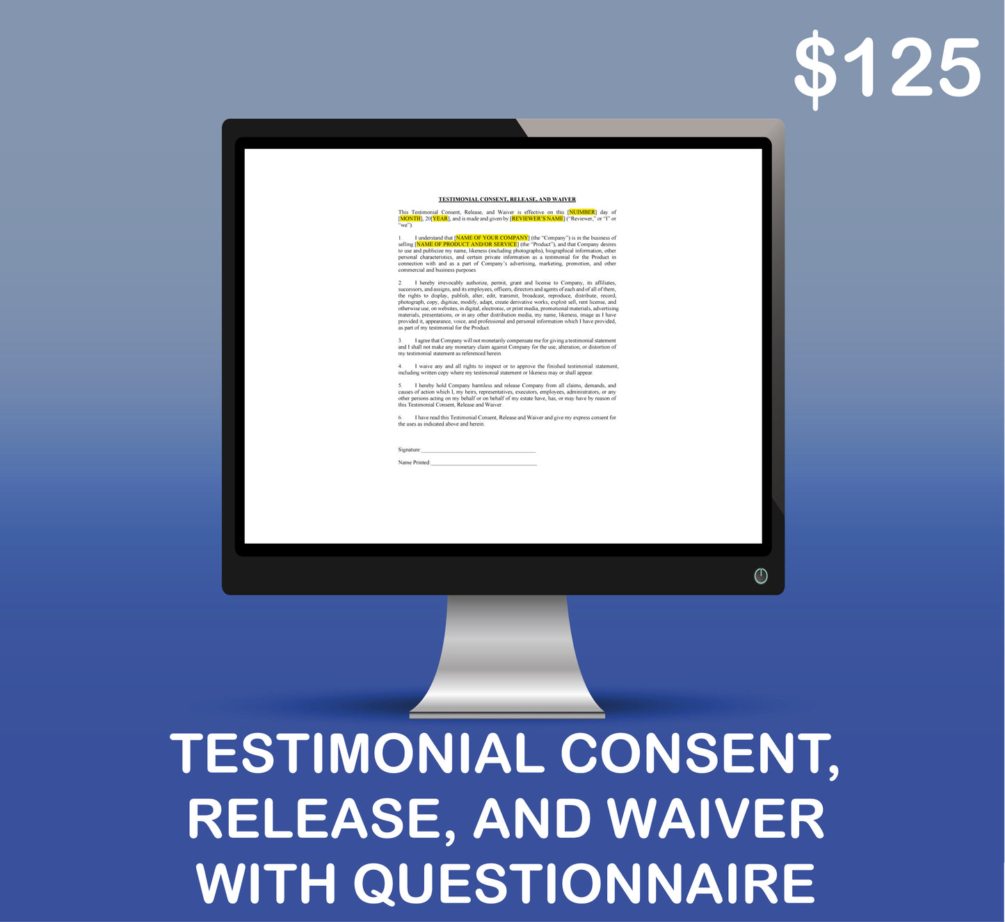 Testimonial Consent, Release, and Waiver with Questionnaire